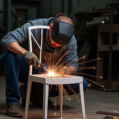 Artigiano che salda una struttura di sedia in metallo su misura