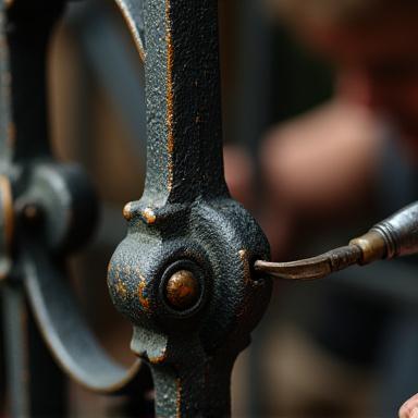 Dettaglio di un cancello in ferro battuto antico durante il restauro